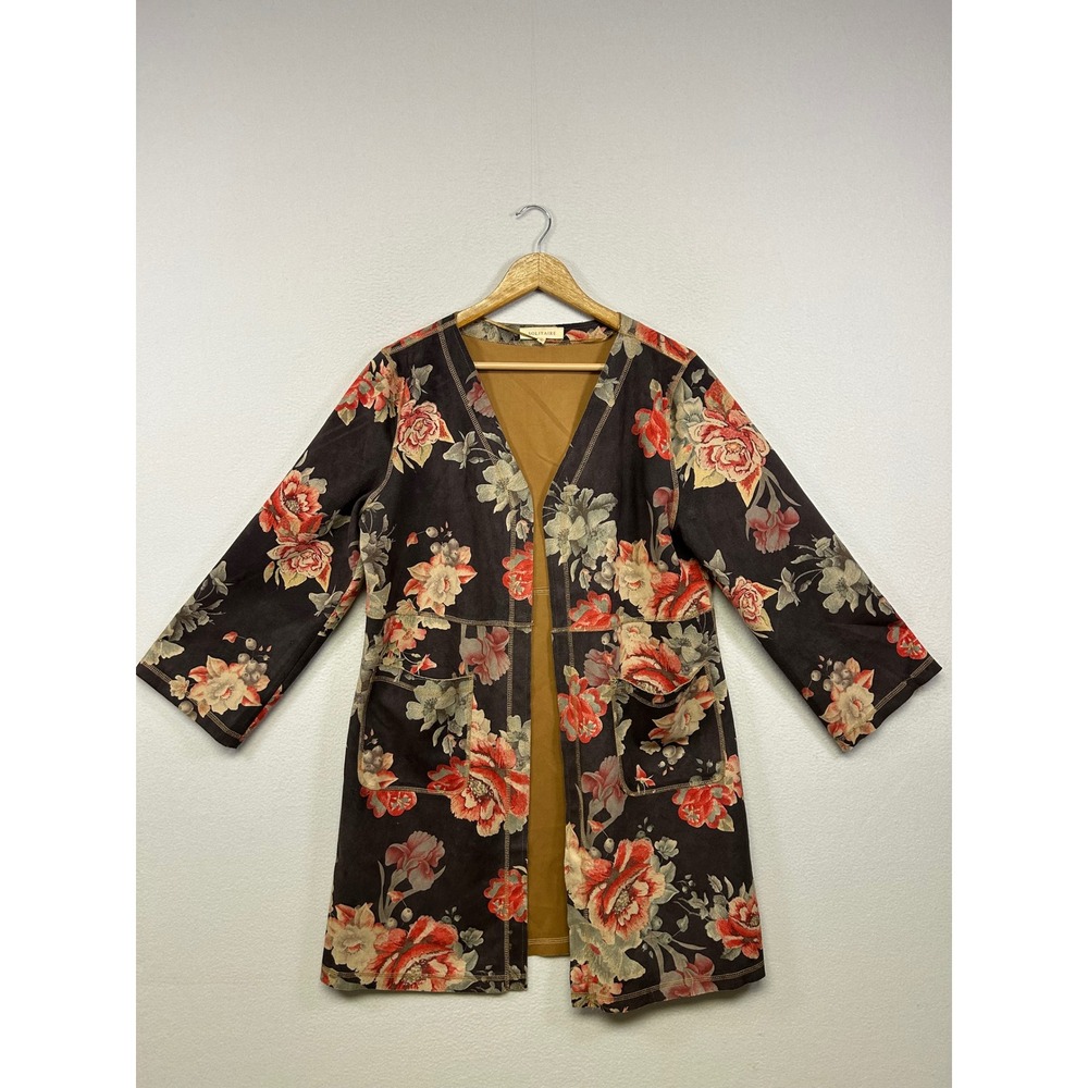 Solitaire Boho Cottagecore Womens Large Brown Floral Open Front Longline Jacket